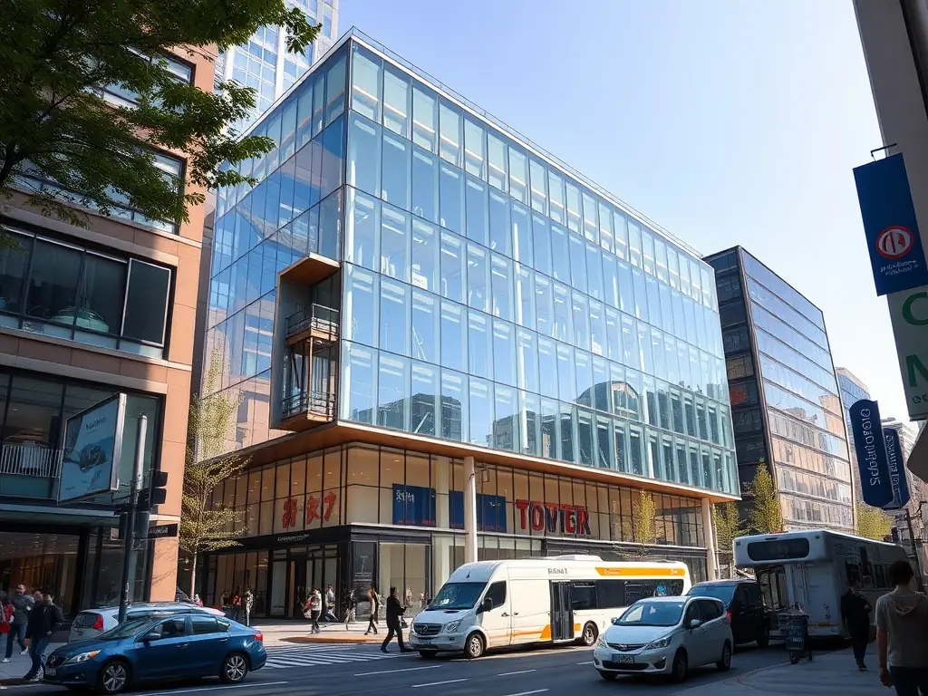 A commercial building with large windows, representing tertiary sector energy consumption.