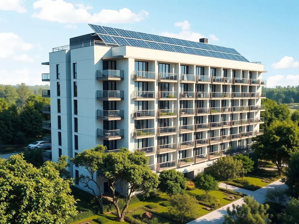 A modern apartment building with solar panels on the roof, showcasing collective energy efficiency.