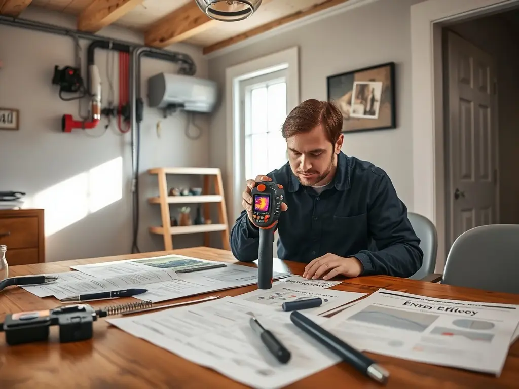 A professional energy auditor inspecting a residential property with an infrared camera, focusing on energy efficiency assessment.